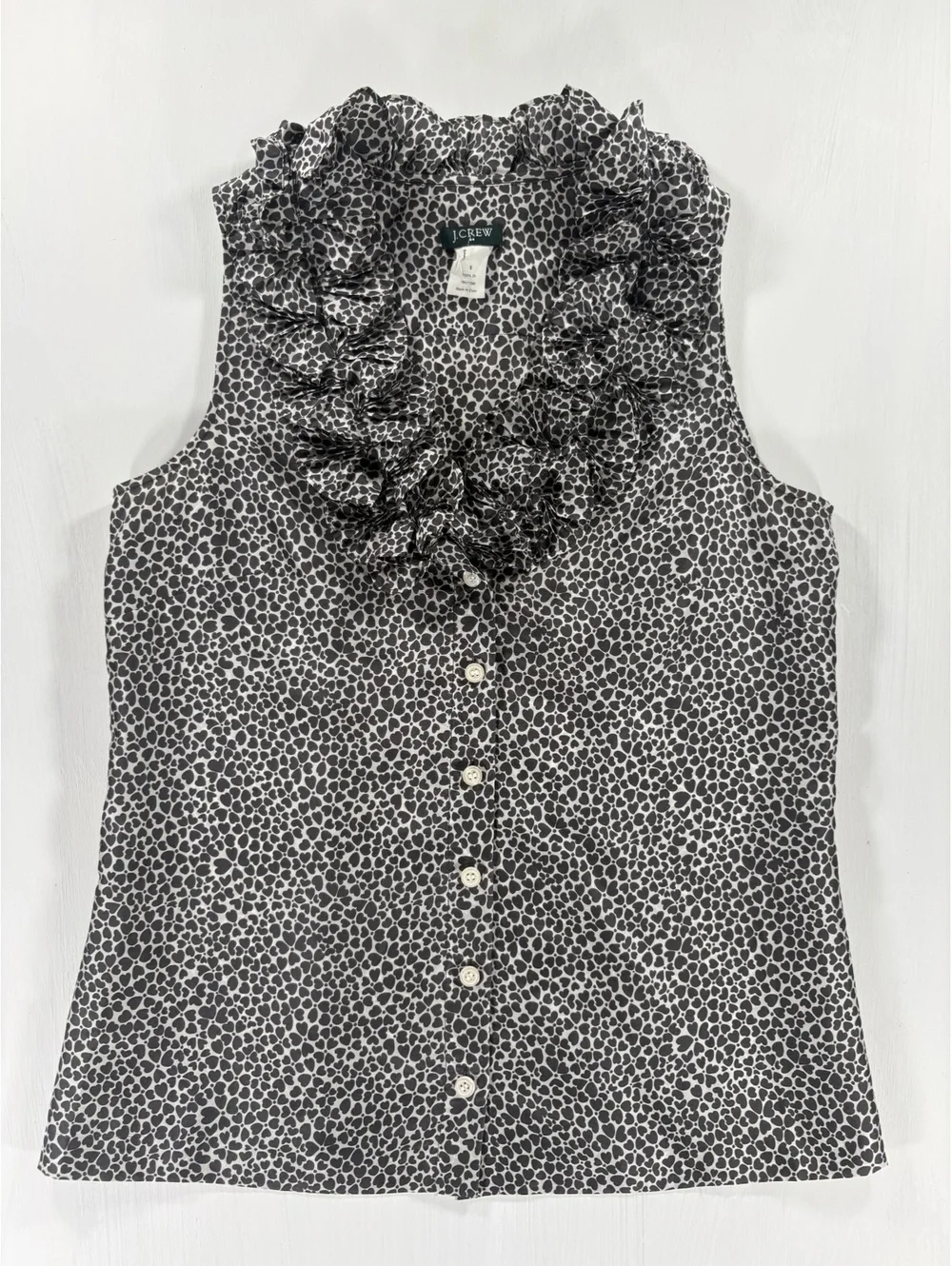 J.Crew 100% Silk Ruffle Sleeveless Blouse Heart Print Gray Black Size 0